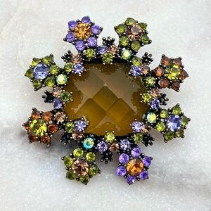 Vintage Rhinestone Floral Brooch Gold Tone Statement Pin Unsigned